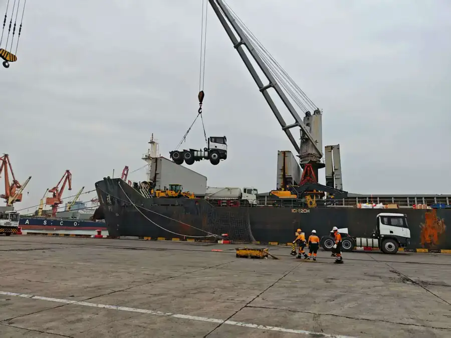 Truck chassis being handled at a Chinese export port